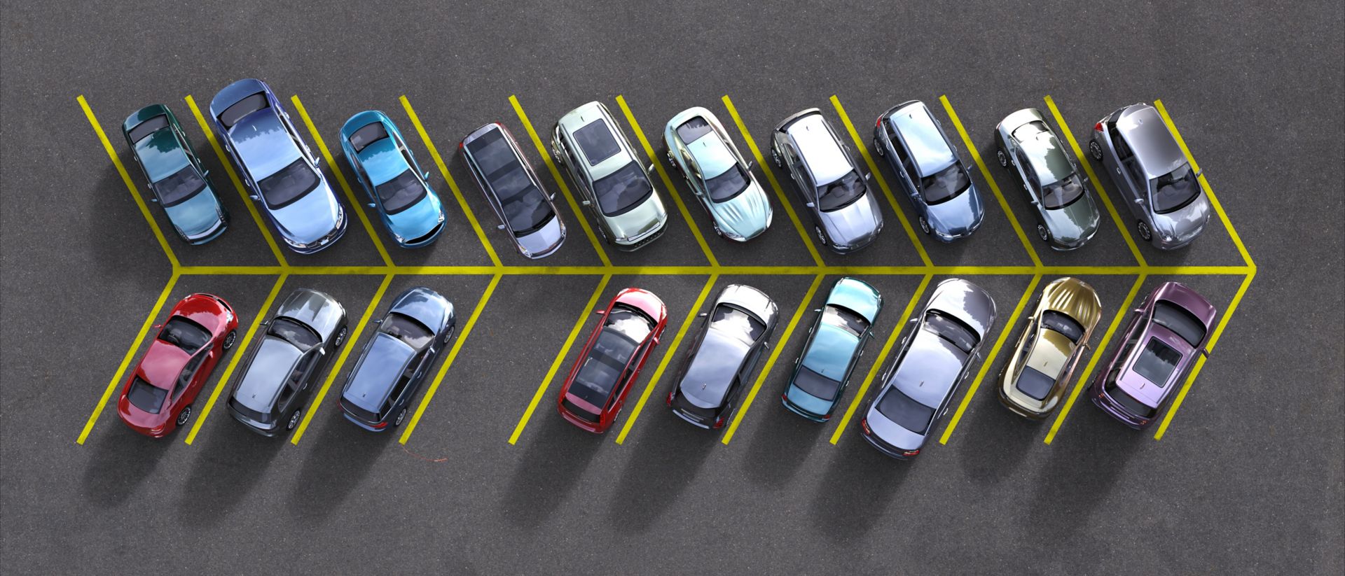 Foto mostrando una vista aérea de automóviles estacionados en puntos de estacionamiento en ángulo
