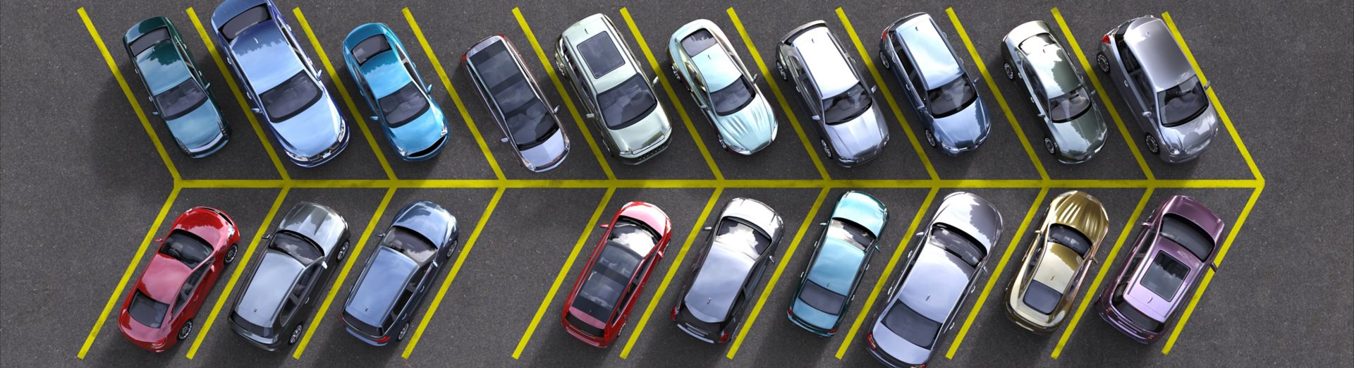 Photo showing an aerial view of cars parked in angled parking spots
