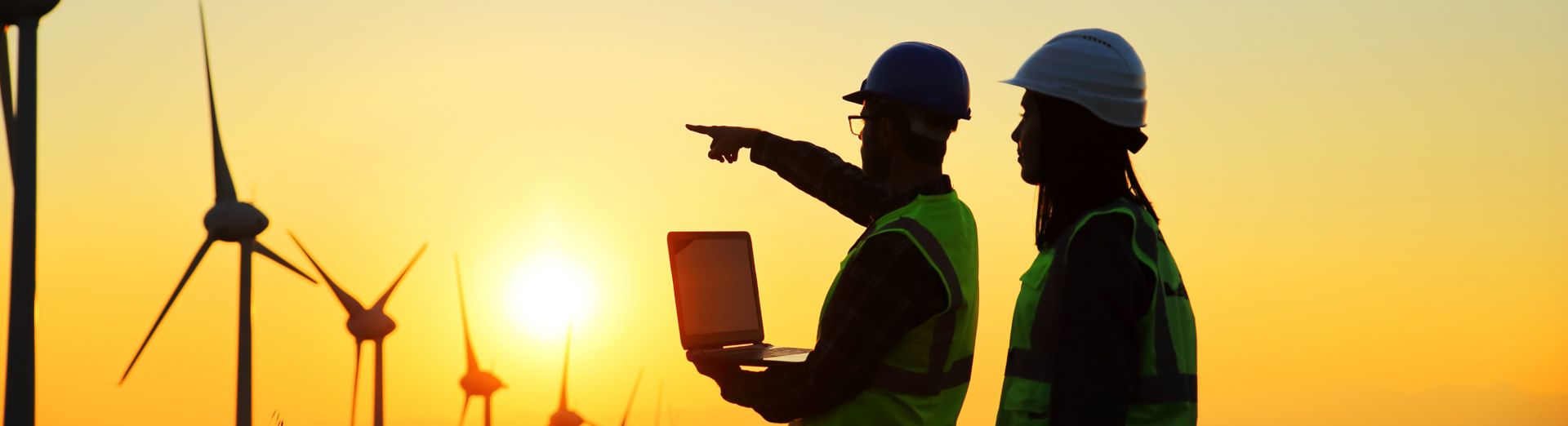 Trabalhadores usando laptop e examinando moinhos de vento à distância com o SAP for Industrial Manufacturing