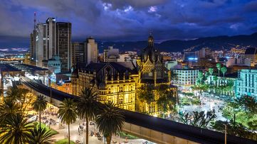 Plaza Botero square and Downtown Medellin at dusk in Medelli