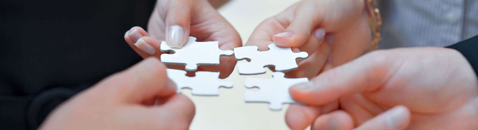 Image of four hands holding puzzle pieces