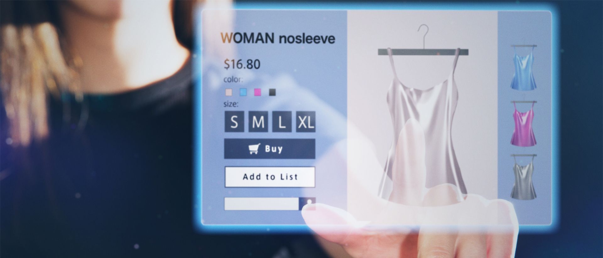 Woman using CRM software for the fashion industry to shop for clothing on a touch screen