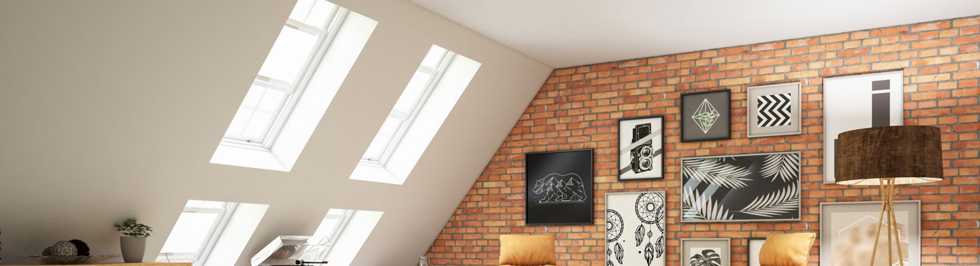 Loft apartment with framed photographs and artwork on the walls
