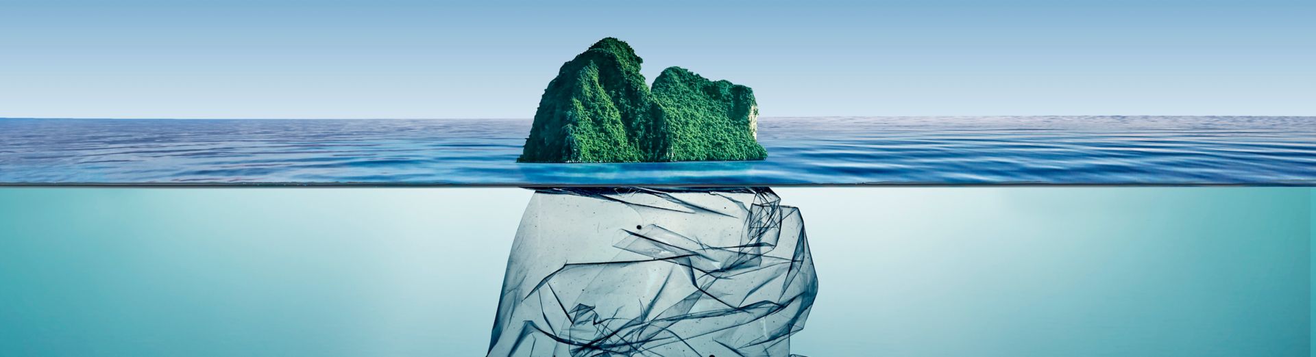  Garbage plastic with island floating in the ocean