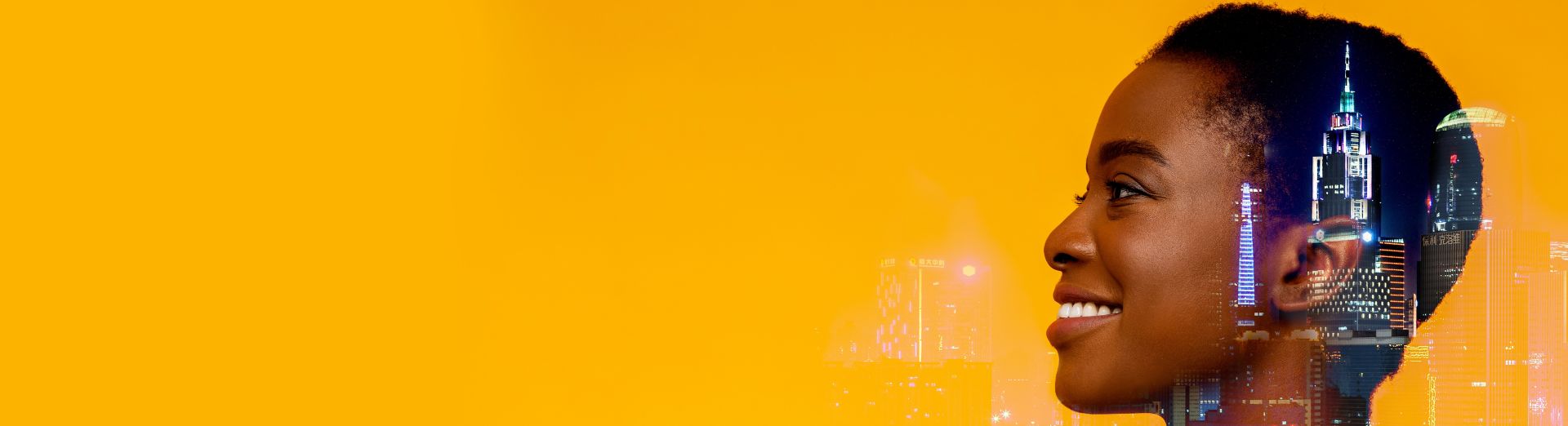 Portrait of smiling woman with a cityscape overlaid on top.